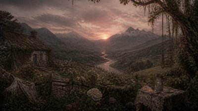 a vast valley with a river winding toward distant mountains at sunrise, no people, no text