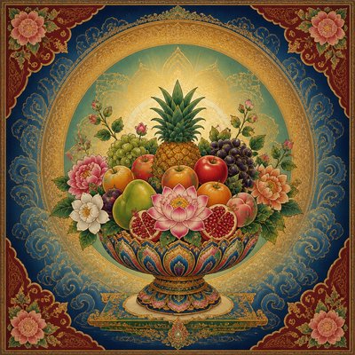still life arrangement of fruits and flowers