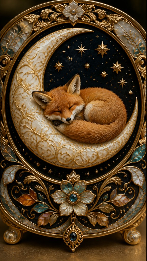a sleeping baby fox curled on a crescent moon among soft stars, gentle and warm, no text