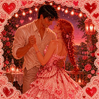 an original couple dancing under string lights in a garden at dusk: a man with short black hair in a linen shirt and a woman with braided red hair in a summer dress