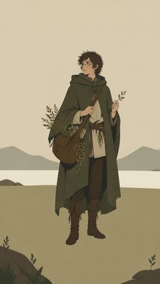 full-body original character: a wandering botanist with a satchel of plants, a patched green cloak, tall boots and round glasses, neutral background