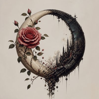 a rose entwined with a crescent moon, clean balanced composition on a plain background, no text