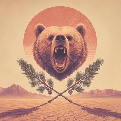 a roaring bear head above crossed pine branches, bold graphic composition on a plain background, no text