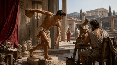 an ancient greek athlete holding a discus poses for a greek Sculptor 