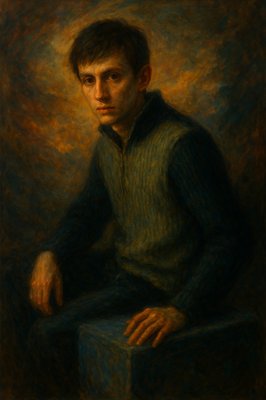 a painting of a man sitting in a chair