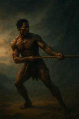 a painting of a man holding a rope