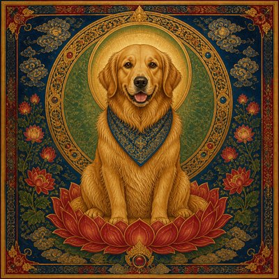 portrait of a golden retriever wearing a blue bandana, warm plain backdrop, no text