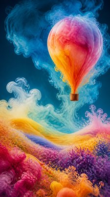 a hot air balloon drifting over rolling flower fields on a sunny day, cheerful, no text