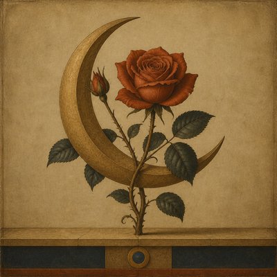 a rose entwined with a crescent moon, clean balanced composition on a plain background, no text