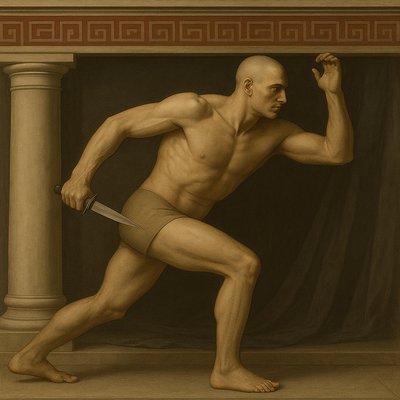 a painting of a man with a knife in his hand