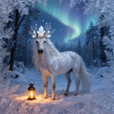 "A majestic white horse standing in a deep, snow-covered forest as a guardian of the winter solstice. The horse wears an intricate crown made of frosted silver branches and glowing quartz crystals. Fine starlight sparkles are woven into its long, flowing mane. A single vintage lantern sits on the snow at its feet, casting a warm, golden candlelight glow against the blue twilight. In the background, a faint aurora borealis dances through the trees. The style is whimsical and surreal, with a soft, painterly photographic quality—prioritizing quiet magic over loud spectacle."