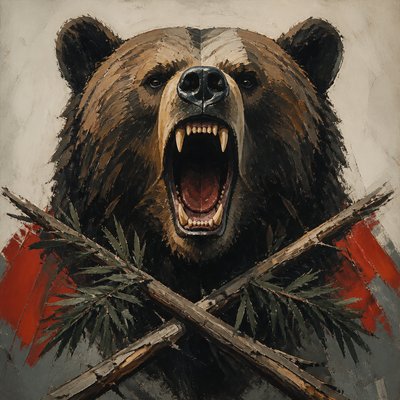 a roaring bear head above crossed pine branches, bold graphic composition on a plain background, no text