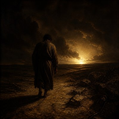 a solitary figure walking toward a glowing horizon across an empty plain, moody atmosphere, no text or lettering