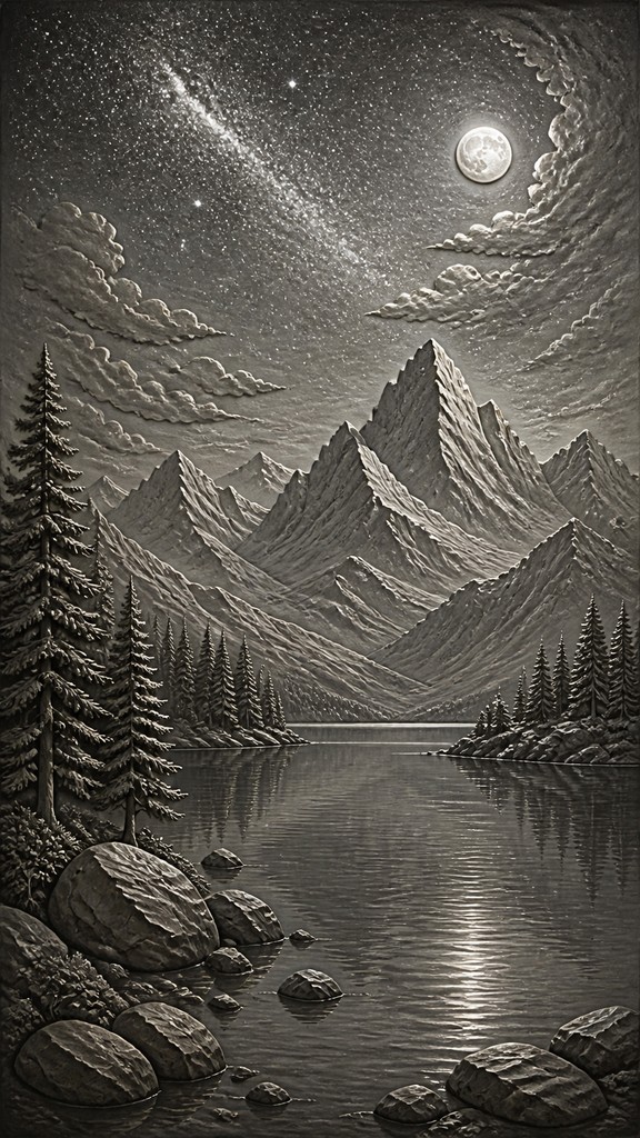 a tranquil mountain lake beneath a starry night sky, no people, no text