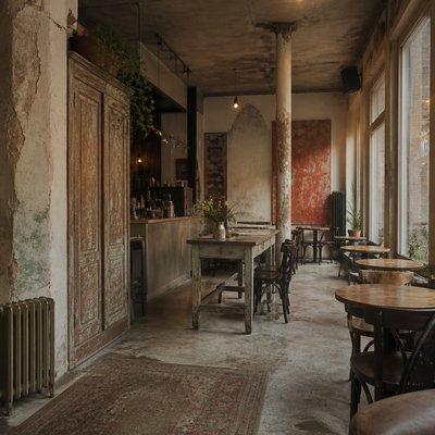cozy cafe interior with warm lighting