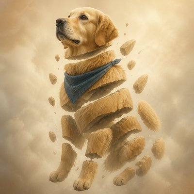 portrait of a golden retriever wearing a blue bandana, warm plain backdrop, no text