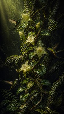 a climbing vine of flowers and hummingbirds on a dark background, tall wrapping composition, no text
