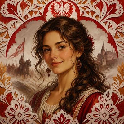 head-and-shoulders portrait of an original character: a young woman with wavy chestnut hair and a warm smile, plain soft backdrop