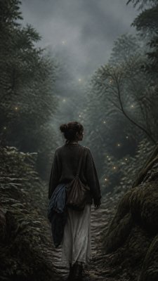 a mysterious forest path with fireflies and drifting mist, atmospheric vertical composition with open space at the top, no text