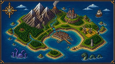 a map of an island realm with mountains, forests, a sheltered bay, sea monsters in the water and a compass rose, no text labels