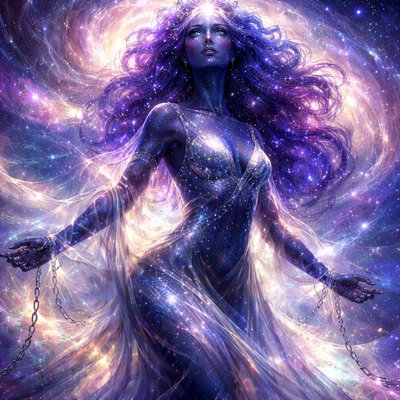 A cinematic, ethereal portrait of the constellation Andromeda personified as a celestial queen. She has deep indigo skin that shimmering with distant galaxies and silver starlight freckles across her cheeks. Her hair is a flowing nebula of violet and deep blue. She wears tattered, translucent silk robes that drift as if underwater, with delicate silver chains around her wrists that have begun to shatter into glowing dust. Background is a deep space void with the faint spiral of the Andromeda Galaxy behind her. 8k, majestic, iridescent lighting.