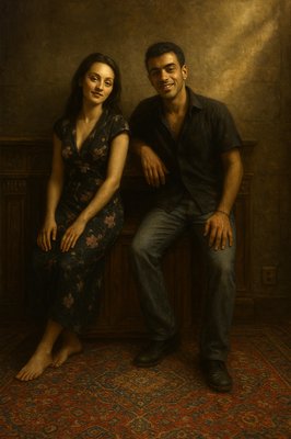 a painting of a man and a woman sitting on a bench