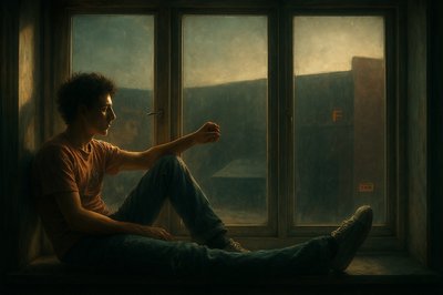 a man sitting on a window sill in front of a window