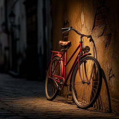 bicyle resting against a wall