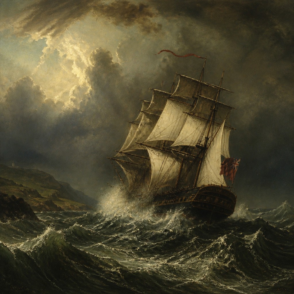 sailing ship on a stormy sea — British Art Style