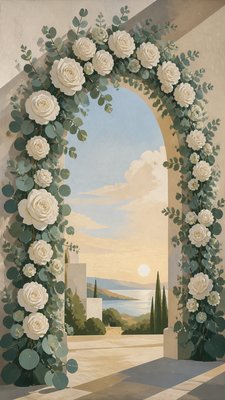 an arch of white roses and eucalyptus in soft morning light, elegant vertical composition with open space, no text