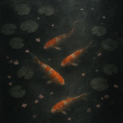 A koi pond seen from above, orange and white koi fish swimming among lily pads, clear water with subtle ripples, fallen cherry blossom petals floating on the surface, dappled sunlight