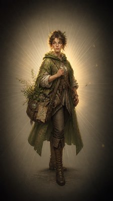 full-body original character: a wandering botanist with a satchel of plants, a patched green cloak, tall boots and round glasses, neutral background