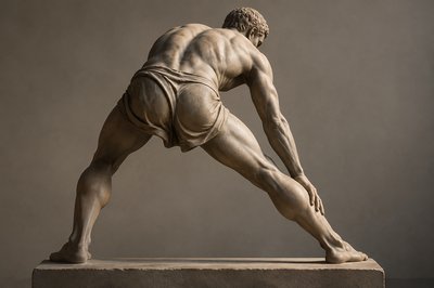 back view ancient greek athlete stretching both legs