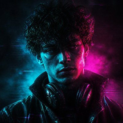 head-and-shoulders portrait of an original character: a young man with curly dark hair and headphones around his neck, plain backdrop, no text