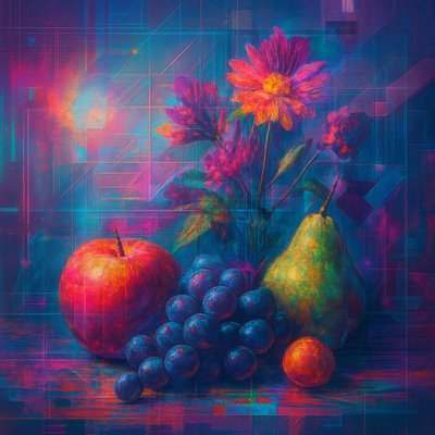 still life arrangement of fruits and flowers