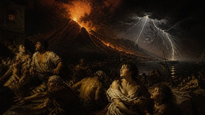 an erupting volcano with lightning strikes, dramatic wide composition, no text