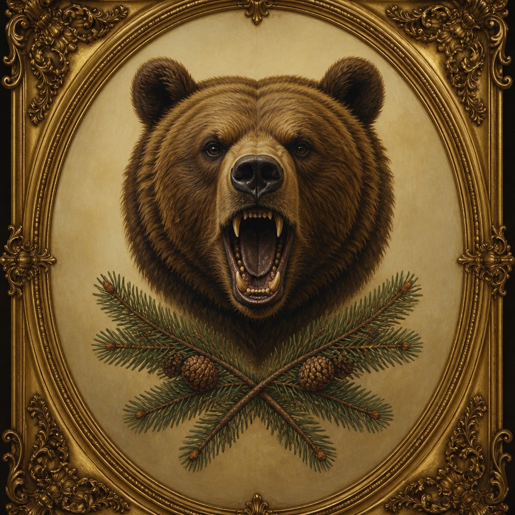 a roaring bear head above crossed pine branches, bold graphic composition on a plain background, no text