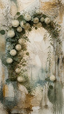 an arch of white roses and eucalyptus in soft morning light, elegant vertical composition with open space, no text