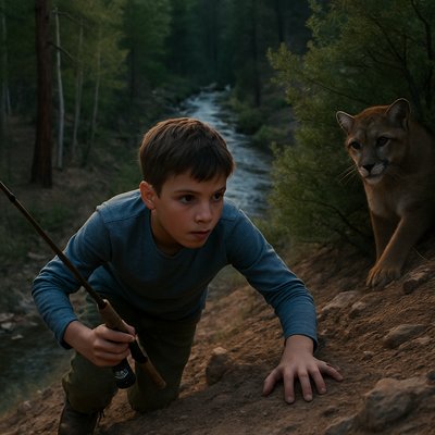 A young boy, no older than 12, is intensely focused on climbing a steep, rocky hillside in the San Juan National Forest, specifically along the Piedra River. He is scrambling upwards on his hands and knees towards a cougar watching him approach from behind a bush. He is carrying a fishing rod held securely in one hand. The hill is covered in dry dirt and scattered small rocks with ponderosa pines and aspen trees in the landscape.  Far below, at the bottom of the hillside, a clear, meandering mountain stream (the Piedra River) sparkles under twilight. The atmosphere is quiet, tense, capturing the stark beauty of the remote Colorado wilderness.