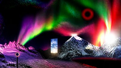 a flowing aurora over snowy peaks, wide sweeping composition, no people, no text