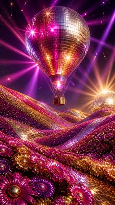 a hot air balloon drifting over rolling flower fields on a sunny day, cheerful, no text