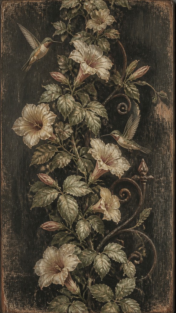 a climbing vine of flowers and hummingbirds on a dark background, tall wrapping composition, no text