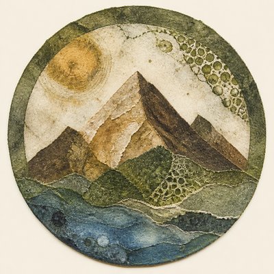 an emblem of a mountain peak inside a circle, simple bold shapes on a plain background, no text or lettering