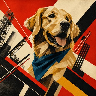 portrait of a golden retriever wearing a blue bandana, warm plain backdrop, no text