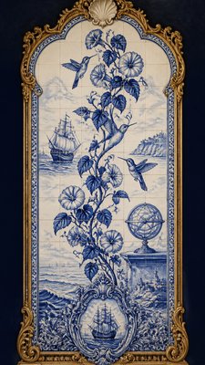 a climbing vine of flowers and hummingbirds on a dark background, tall wrapping composition, no text