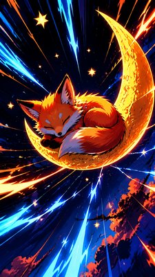 a sleeping baby fox curled on a crescent moon among soft stars, gentle and warm, no text