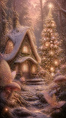 a snow-covered cottage with warm glowing windows beside a decorated pine tree, gentle snowfall, no text