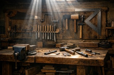 Walking into a workshop, a clean, but well-used work area with low light, I see beams of light from an overhead source, perhaps a high window, with motes of dust floating around in them, between me and a straight-on view of a woodworker's workbench with a vise mounted on it and some random tools laid out from a job just completed.  I see many tools hanging on the wall behind the bench, and stored underneath.  A long well-cared for handsaw, a brace-and-bit, several different sizes and styles of wood chisels hanging in a rack together, a couple mallets and a good framing hammer, and particularly, a large well-defined carpenter's square.  
