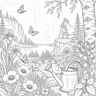 a garden scene with butterflies, flowers and a watering can, clean uncolored line art, no text