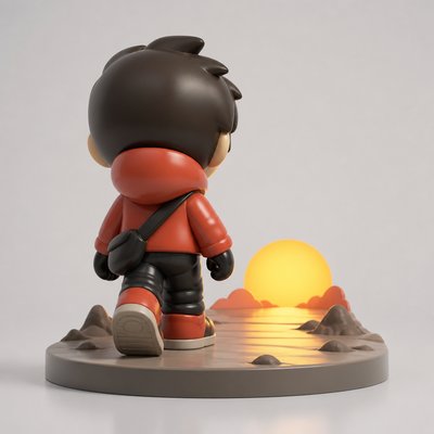 a solitary figure walking toward a glowing horizon across an empty plain, moody atmosphere, no text or lettering